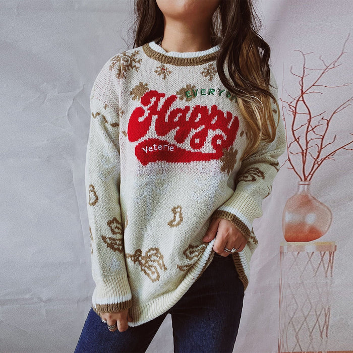 Autumn Winter round Neck Long Sleeve Contrast Color Letter Graphic Snowflake Christmas Sweaters Pullover