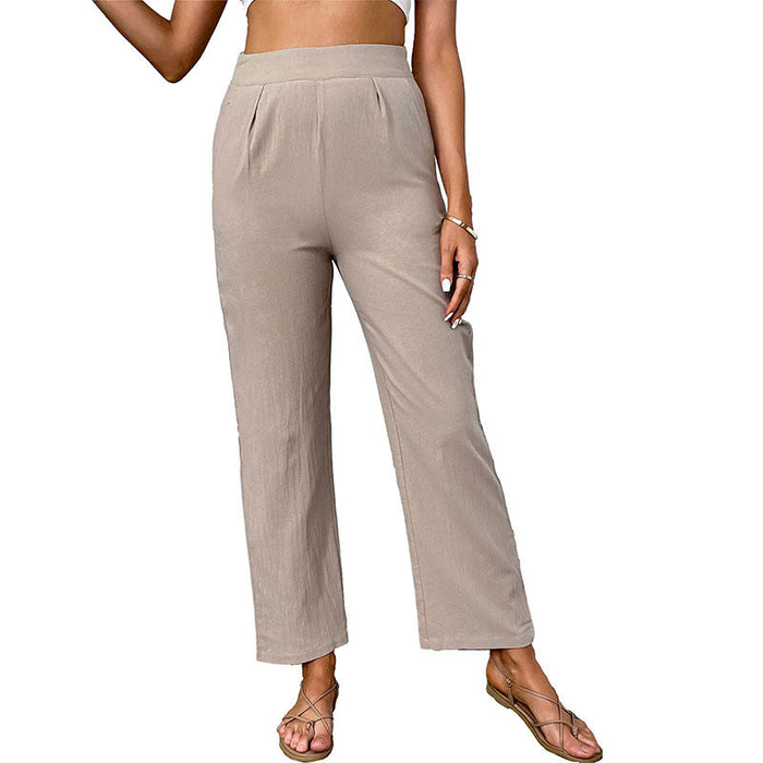 Summer Cotton Linen Trousers High Waist Solid Color Cropped Straight Pants Women