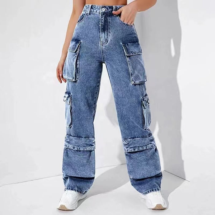 Women Jeans Overalls High Waist Flap Pocket Women Pants Loose Fit Women Pants