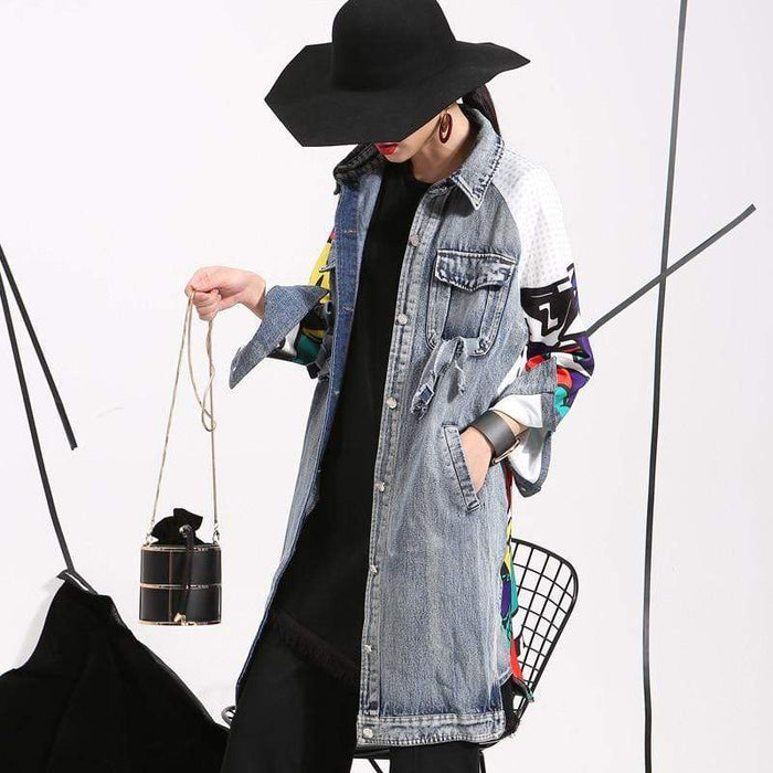 Women Denim Trench Coat Drawing Creative Pattern Stitching Loose Wash Denim Jacket