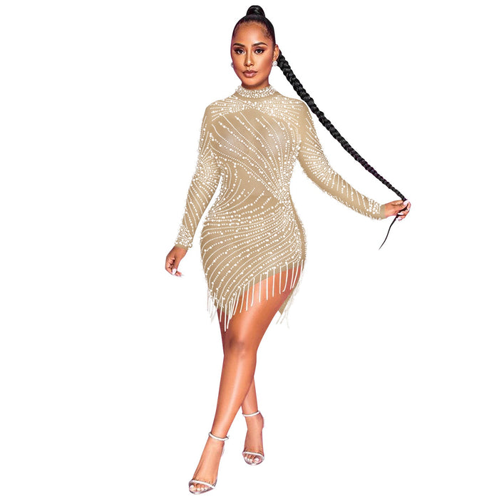 Sexy Nightclub Mesh See-through Rhinestone Bubble Bead Tassel round-Neck Long-Sleeved Dress