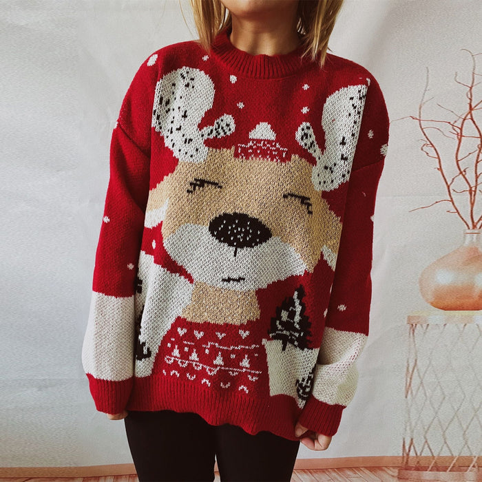 Autumn Winter Year Christmas Sweater Cartoon Elk Pattern round Neck Long Sleeve Knitted Pullover