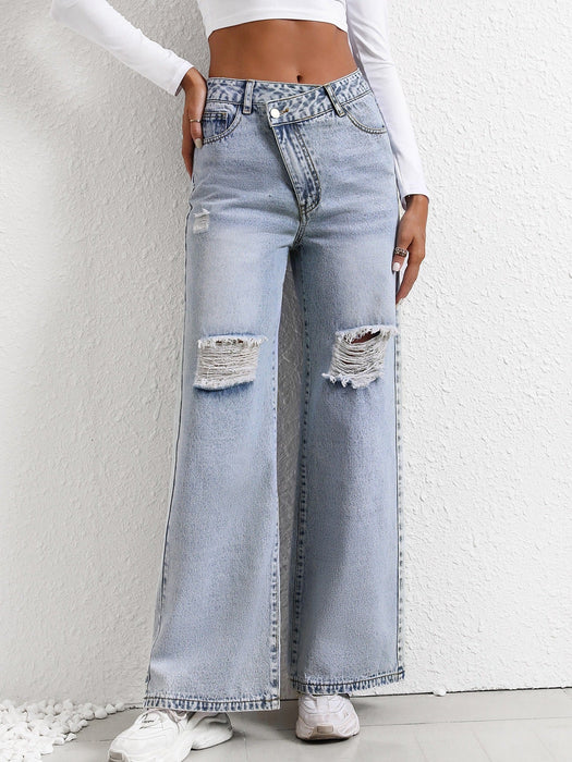 Women Loose Wide Leg Ripped Jeans