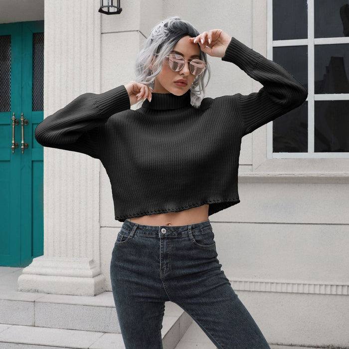 Hollow-out High Neck Short Sweater Women Loose Autumn Winter Long-Sleeved Knitwear Sweater