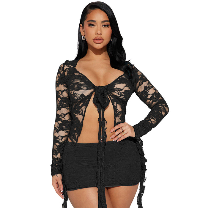 Women Clothing Elastic Lace V Neck Lace Up See Through Sexy Skirt Two Piece Set