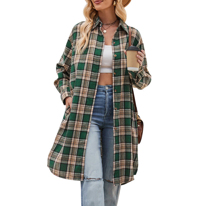 Women Autumn Winter Casual Loose Long Trench Coat Plaid Shirt