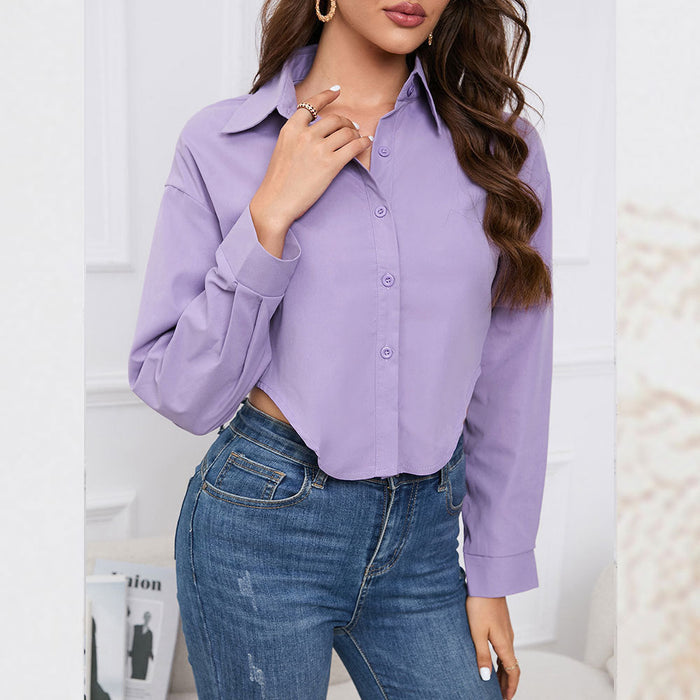 Women Clothing Long Sleeve Shirt Lady Irregular Asymmetric Solid Color Shirt