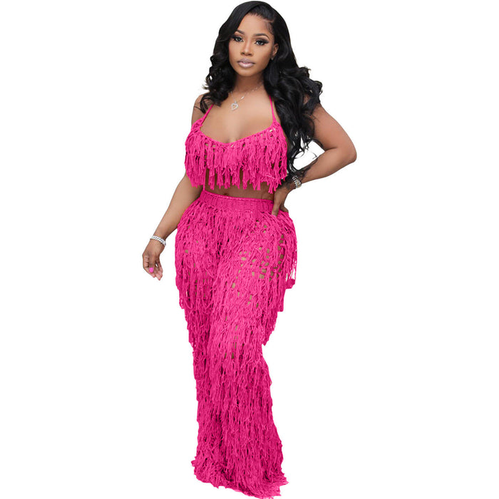 Sexy See through Knitted Hand Crochet Tassel Beach Suit