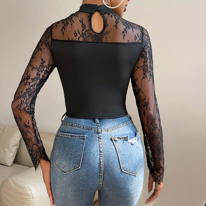 Autumn Winter Sexy Sexy Low Cut Top Elegant Slim Lace Long Sleeve Women Clothing