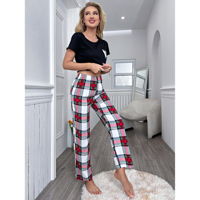 Women Spring Summer Short Sleeve Plaid Trousers Home Wear Set