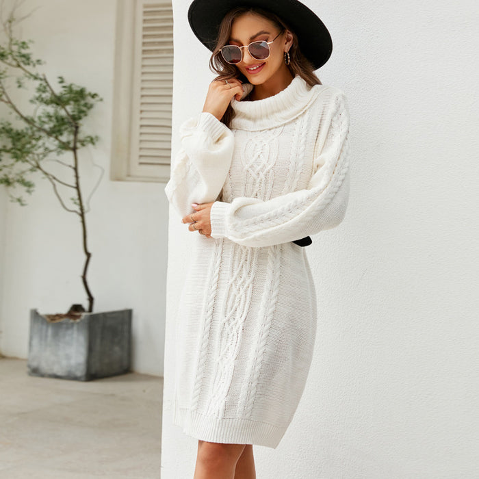 Fall Winter Sweater Dress All-Matching Loose Knitted Dress Solid Color Twisted Long Turtleneck Sweater