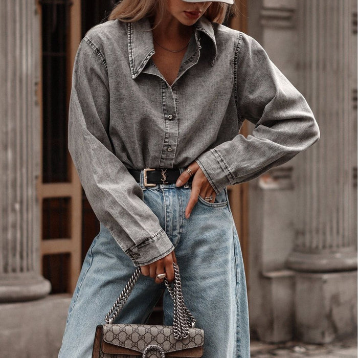 Autumn Winter Collared Casual Street Denim Shirt Women