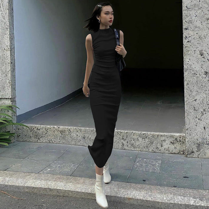 Women Clothing Summer Slim Fit Slimming Round Neck Sleeveless Solid Color Dress