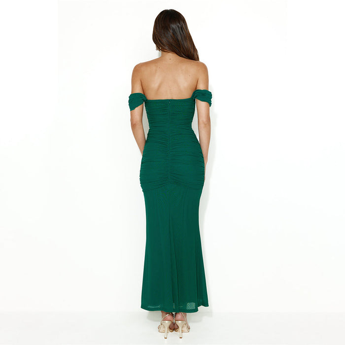 Dress Sexy Slim Fit Backless off-Neck Mesh Stitching Hip Dress