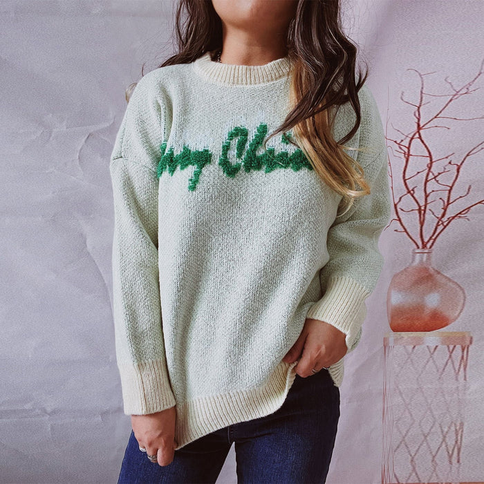 Autumn Winter Round Neck Long Sleeve Letter Graphic Christmas Tree Jacquard Knitted Christmas Sweater Pullover