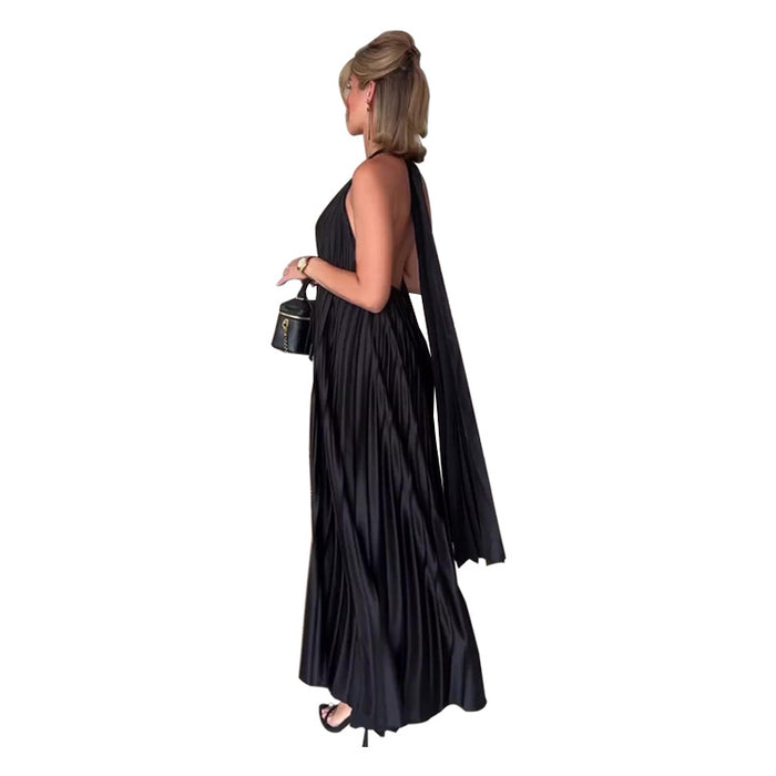 Women Clothing Popular Elegant Pleated Halter Solid Color Dress