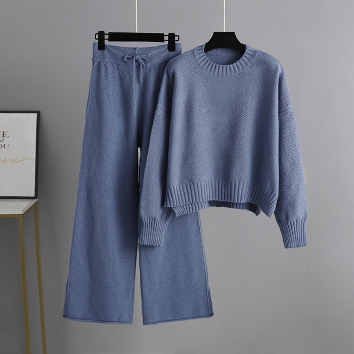 Autumn Winter Casual Knitting Work Pant Women Korean Loose Sweater Wide Leg Pants Pants Two Piece Set