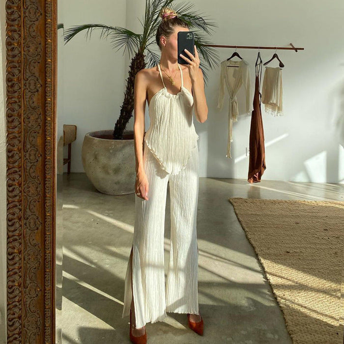 New Sexy Backless Spaghetti Straps Vest Beige Pleated Slim Fit Slit Blouse Pants