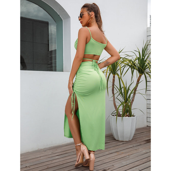 Women Clothing Summer Sexy Sleeveless Split Midi Dress Milk Silk Maxi Dress Women