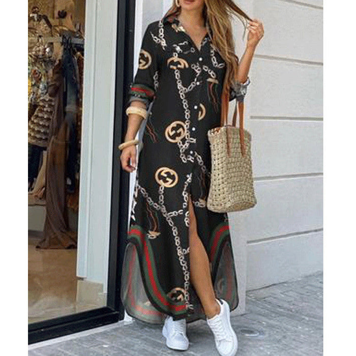 Women Clothing Spring Summer Printed Sexy Shirt Dress