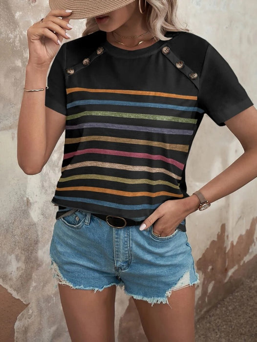 Women Clothing Summer Striped Print Stitching Button Short Sleeved Casual Top Women