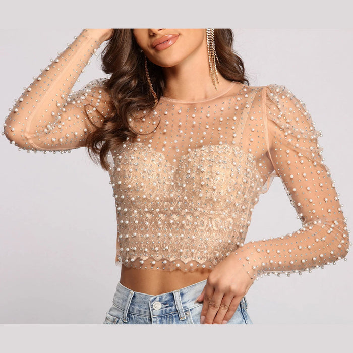 Summer Women Clothes Drilling Bubble Sleeve Mesh Top