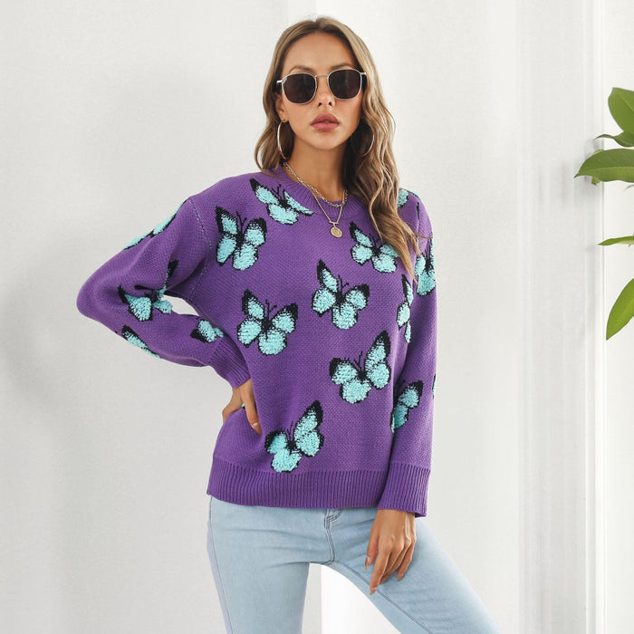 Butterfly Animal Brocade Sweater Women Loose Autumn Winter Long Sleeve Knitwear Sweater