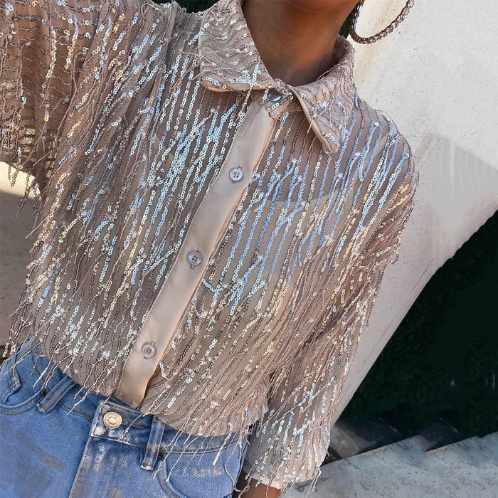 Spring Summer Transparent Shirt Women Women Collared Long Sleeve Sequin Tassel Top Shirt