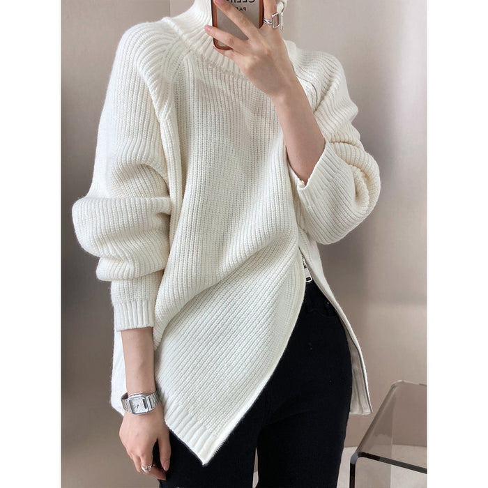 Design Double Headed Oblique Zipper Turtleneck Sweaters Women Clothing Autumn Winter Lazy Casual Sweater