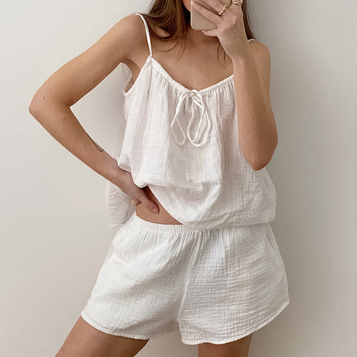 Summer Halter Sleeveless Double Layer Gauze Cotton Lace up Drawstring Shorts White Suit Pajamas Home Wear for Women