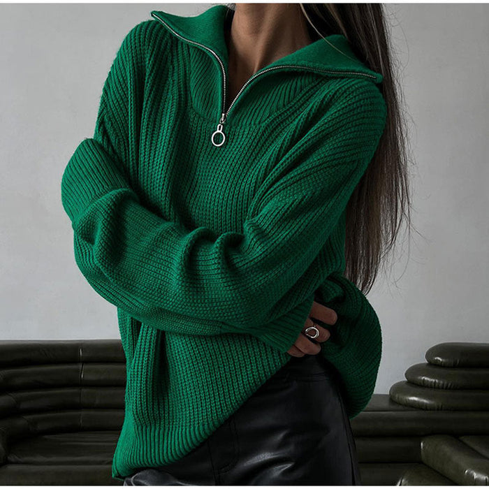 Zipper Sweater Pullover Knitted Loose Casual Women Clothing Women Autumn Winter