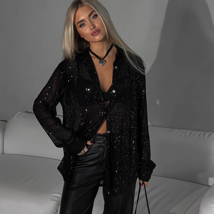 Spring Summer Sequin Top Collared Long Sleeve Cardigan Basic Women Clothing Shirt