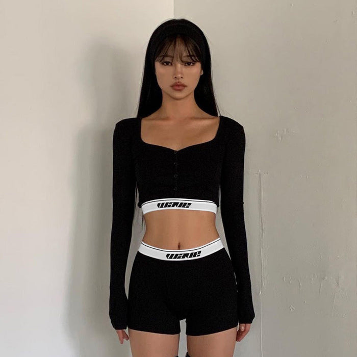 Women Clothing Sexy Tight Long Sleeves Cropped shirt Top High Waist Shorts Sports Two Piece Seit