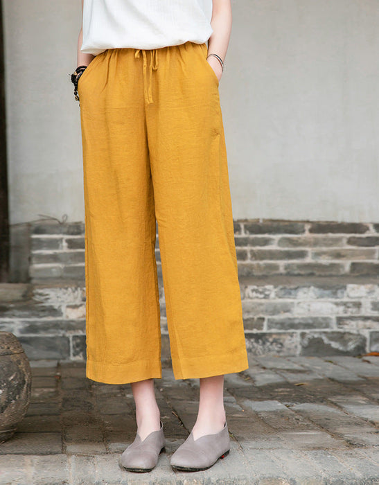 Spring Summer Cotton Linen Women Artistic Washed Lace up Linen Casual Straight Through Cropped Pants Women Cotton Linen Wide Leg Pants