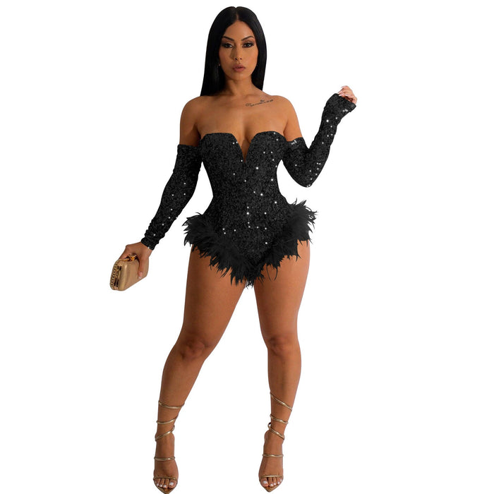 Women Wear Solid Color Sequin Long Sleeve Shorts Jumpsuit Women