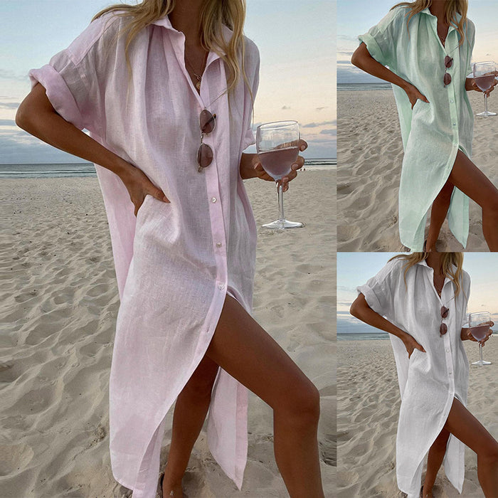 Women Clothing Solid Color Casual Long Sleeves Mid Length Cotton Linen Shirt Dress