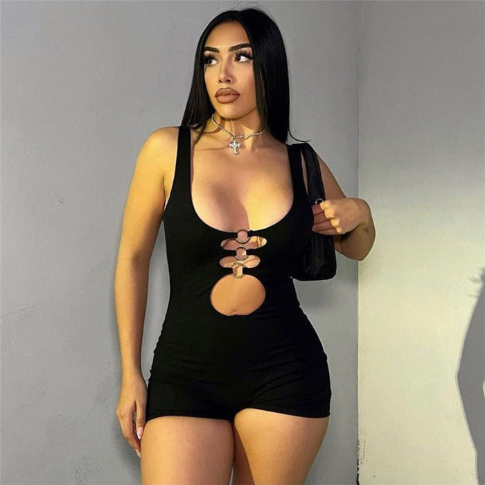 Summer Women Clothing Sexy Cutout High Waist Sleeveless Skinny Sheath Sports Jumpsuit