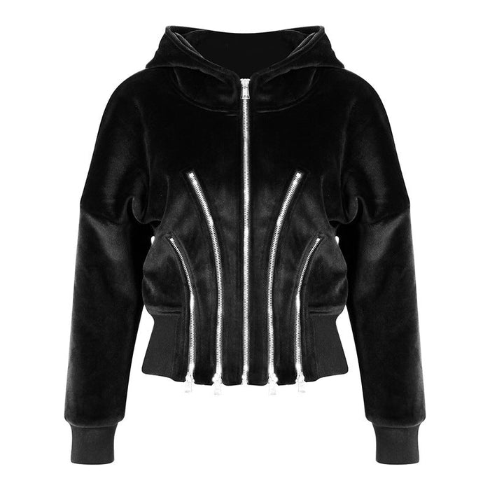 Gold Velvet Hooded for Women Autumn Thickened Composite Multi Metal Zipper Split Waist Trimming Women