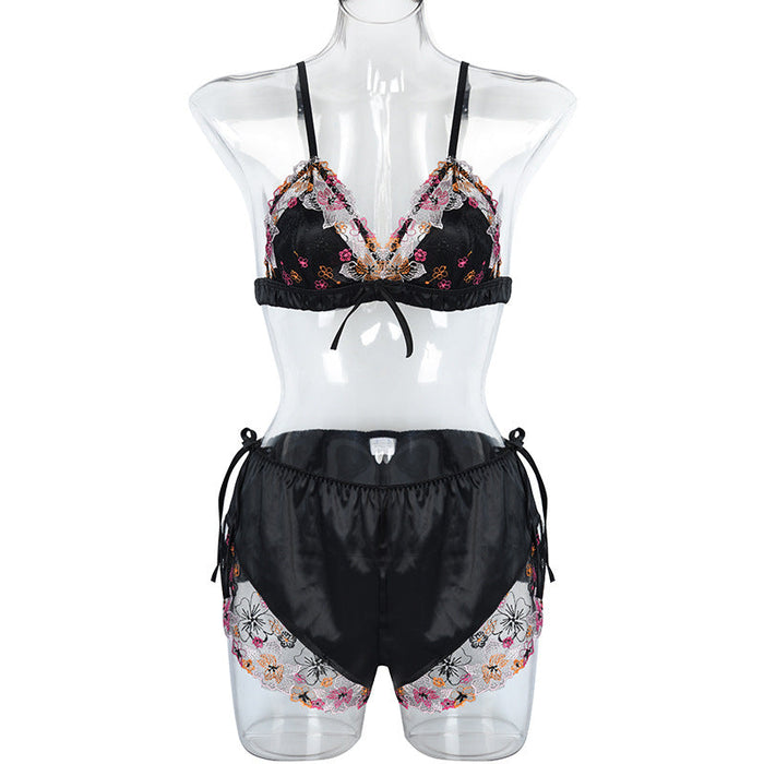 Women Summer Embroidered Silk Sexy Strap Underwear Shorts Suit Home Wear