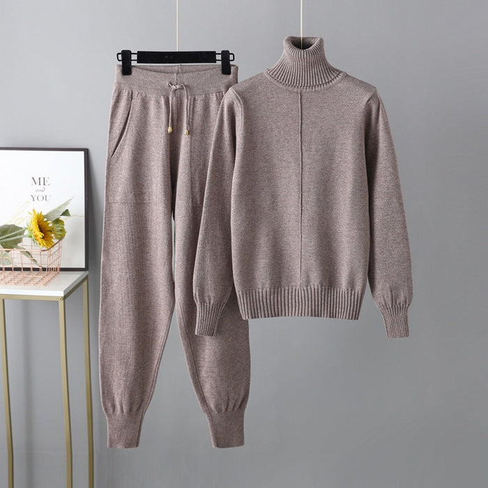 Casual Set Autumn Winter Turtleneck Solid Color Sweaters Two Piece Set