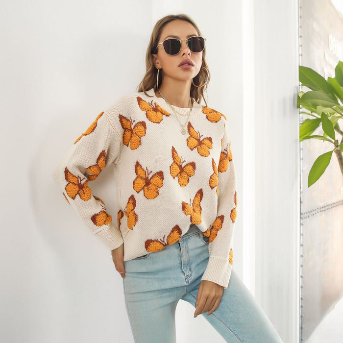 Butterfly Animal Brocade Sweater Women Loose Autumn Winter Long Sleeve Knitwear Sweater