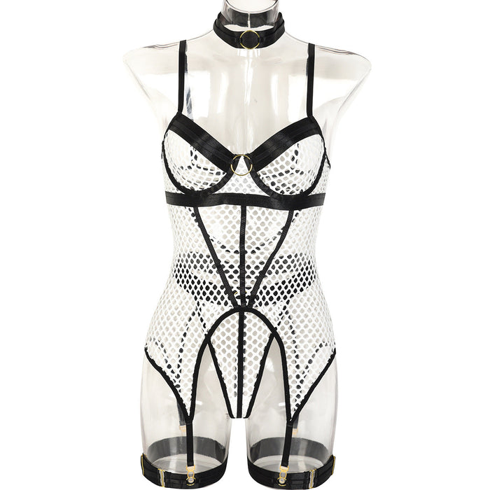 Sexy Skirt Three Piece Set At Large Mesh Stitching with Steel Ring Halter Leg Ring Underwear