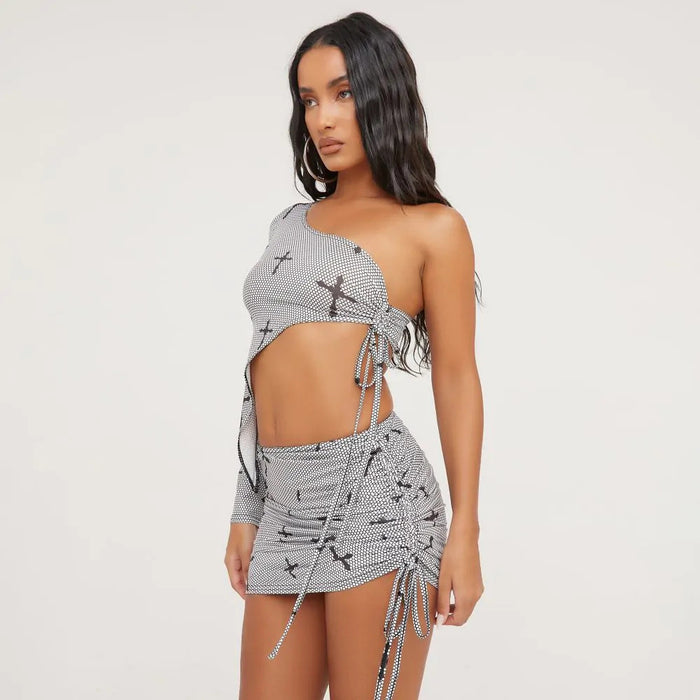 Women Clothing Lace up Cutout Cropped Cross Printed Short Skirt Two Piece Set for Women