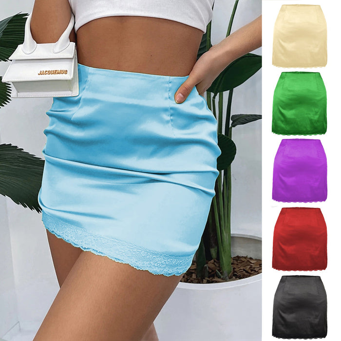 Women Clothing High Waist Sheath Solid Skirt Women Spring Summer Elastic Satin Lace Sexy Skirt