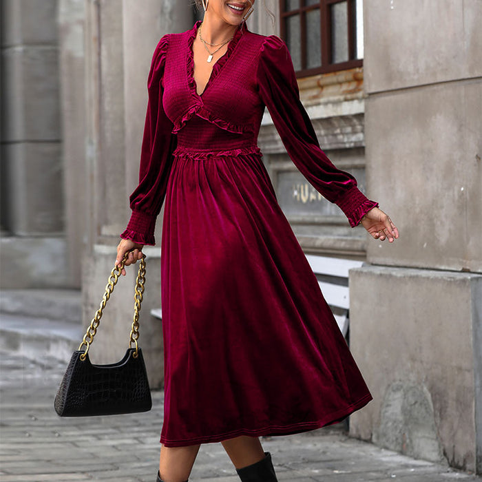 Women Clothing Long Sleeve Red V neck Velvet Dress Autumn Winter