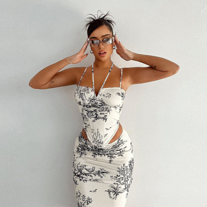 Women Summer Retro Printed Skirt Two-Piece Set Casual Set Women Corset