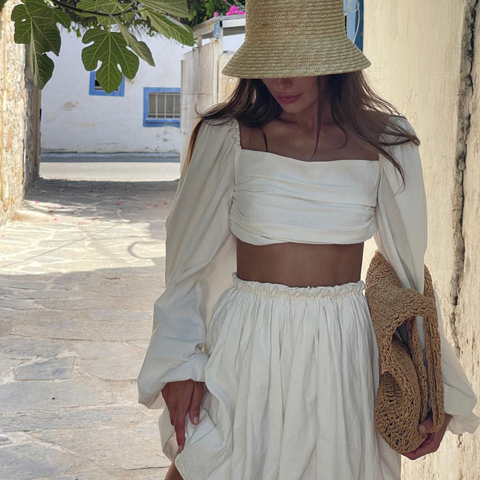 Spring Summer Suit Women Clothing Lace up Tube Top Backless Top Pleated High Waist Short Skirt Two Piece Set