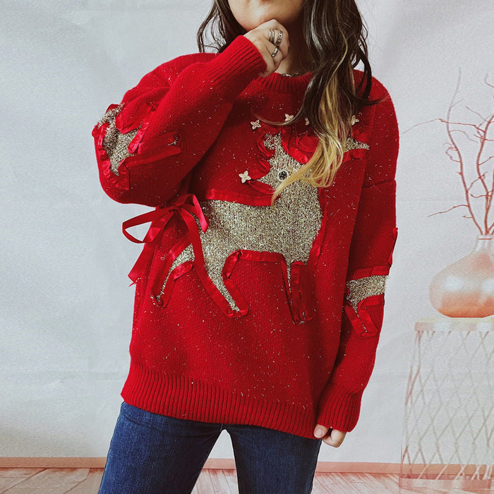 Autumn Winter Christmas Sweater Ribbon Gold Thread Jacquard Deer Round Neck Thickened Knitted Pullover