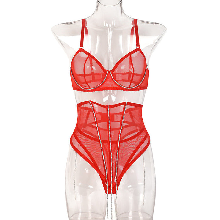 Breathable Mesh Drill Chain Body Shaping Sexy Lingerie Three Piece Set