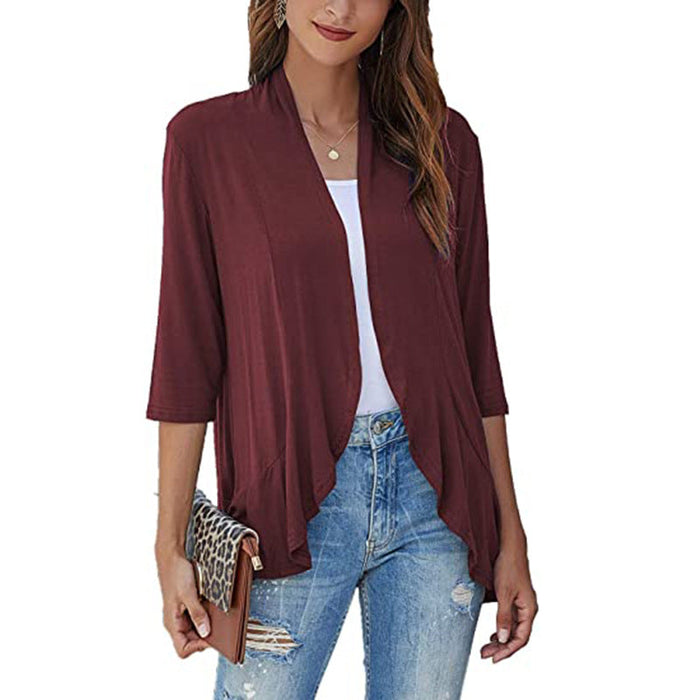 Women Clothing Autumn Solid Color Cardigan  3/4 Sleeve Ruffle Top